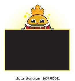 Illustration vector graphic cartoon character of cute burger holding black board with blank copy space / text area, burger with crown.