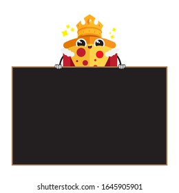 Ilustración vectorial caricatura de pizza rey sosteniendo pizarra negra con espacio en blanco / área de texto. es perfecto para los restaurantes de comida rápida, etc.