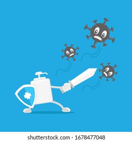 Illustration Vektorillustration Grafik-Cartoon Charakter der Hand Sanitizer versus Corona-Virus. Gut zu platzieren auf Gesundheitsversorgung und medizinische Inhalte. 