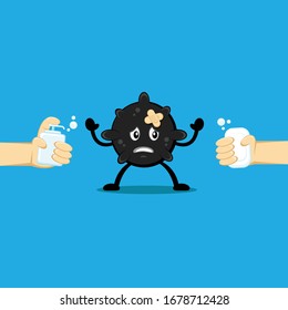 Illustration vector graphic cartoon character of corona gives up from soap and hand sanitizer. Good to use as health care and medical graphic asset.