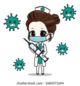 Illustration vector graphic cartoon character of woman doctor fight covid-19 corona virus. cure corona virus. people fight virus concept
