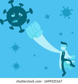Illustration vector graphic cartoon character of doctor hits the corona virus. Good to use for healthcare and medical content.