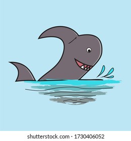 illustration vector graphic cartoon character of funny shark on surface water best for children picture or nature pamphlet