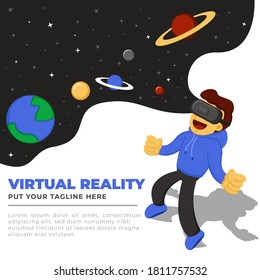 Illustration vector graphic cartoon character of boy play with virtual reality. Good to use on promotion kit for metaverse device, gadget, toys or video game store.