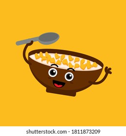 Illustration Vector Graphic Cartoon Character Of Cute Cereal Bowl Hold A Spoon