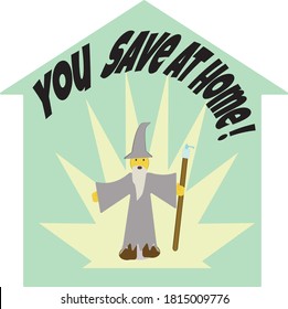 Illustration vector graphic cartoon character of Wizard make home safe with magic hand sanitaizer staff. Good for campaign from coronavirus. Self quarantine to stop outbreak and protect from virus.