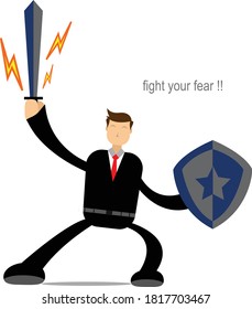 Ilustración vector gráfico personaje de caricatura de un hombre valiente contra sus temores y confianza
