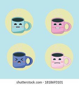 Illustration vector graphic cartoon character of Coffee emoji cup with eyes. Kawaii cup. Element for menu. Emoji icon 2