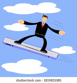 Illustration vector graphic cartoon character of a man uses technology to fly high towards a goal