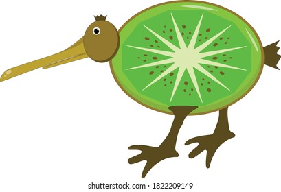 Illustration vector graphic cartoon character of  kiwi bird fuse with kiwi fruit.Cartoon for kids activity colouring pages, t shirt print, icon, logo, label, patch or sticker.