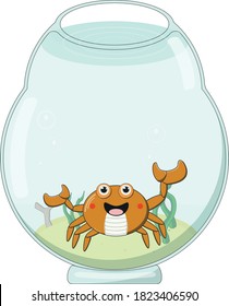 Ilustración vectorial gráfico personaje de caricatura de cangrejo anaranjado en el tazón de Aquarium. 