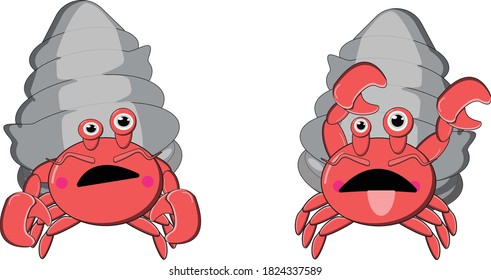 Illustration vector graphic cartoon character of red hermit crab.Colorful design for kids activity book, coloring page, colouring picture.Vector illustration for children. Weird and Confused face.