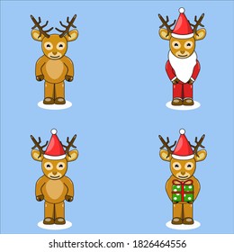  Illustration vector graphic cartoon character of deer. Set of deer cartoon, deer with santa outfit, gitf,christmas hat.