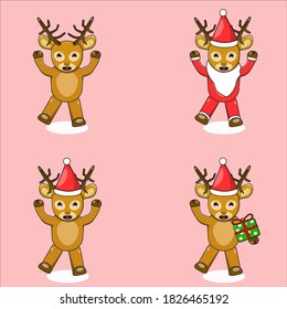 Illustration vector graphic cartoon character of Smiling happy deer. Set of deer cartoon, deer with santa outfit, gitf,christmas hat.