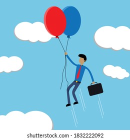 Illustration vector graphic cartoon character of businessman fly using balloons