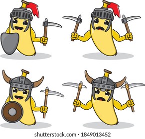  Illustration vector graphic cartoon character Banana Knight with sickle and shield.