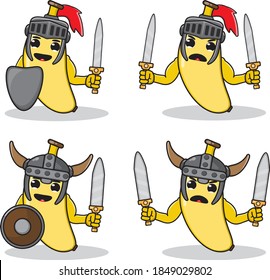  Illustration vector graphic cartoon character Banana Knight with sword and shield.