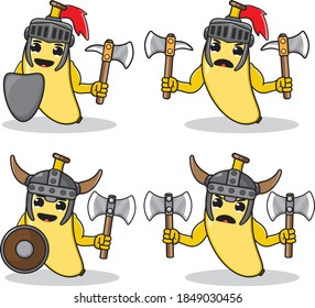  Illustration vector graphic cartoon character Banana Knight with Axe and shield.