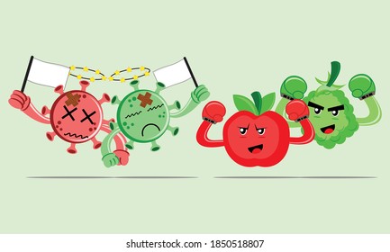 Illustration vector graphic cartoon character of apples and grapes beat the viruses in boxing matches