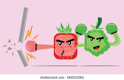 Illustration vector graphic cartoon character of strawberry and grape destroy the wall with a smash hit