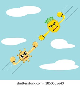 Illustration vector graphic cartoon character of pineapple and virus hit each other