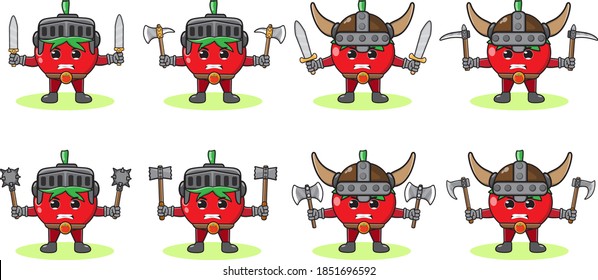 Illustration vector graphic cartoon character of Tomato fruit knight and viking with dual weapon set . Angry face and weapon up pose.