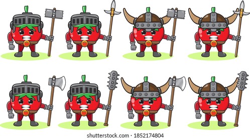 Ilustración del personaje gráfico vectorial del caballero de la fruta de Kiwi y vigila con un conjunto de armas de dos manos. Sostén el arma con una pose de mano.