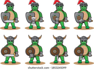 Illustration vector graphic cartoon character of Green turtle knight set. Happy face and hand dwon pose.