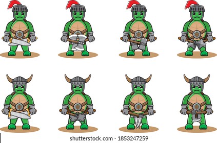 Illustration vector graphic cartoon character of Green turtle knight set. Dual weapon set and hand down pose.