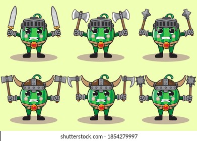 Illustration, Vektorgrafik Karikatur des süßen Wassermelonenritters. Cute und lustige Obstset, Vektorgrafik. Zwei Waffen und Hand-up Pose Set.