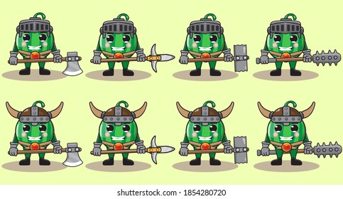 Ilustración vectorial caricatura gráfica del lindo caballero de la sandía. Ilustración vectorial de conjunto de frutas lindo y divertido. Armas de dos manos y un juego de posadas.
