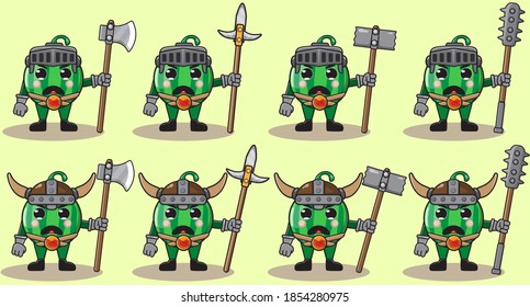 Ilustración vectorial caricatura gráfica del lindo caballero de la sandía. Ilustración vectorial de conjunto de frutas lindo y divertido. Armas de dos manos y un juego de pose.