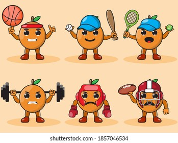 Illustration vector graphic cartoon character of cute Orange doing sport set. Cute and funny fruit emotion set. Basket, boxing, tennis, baseball,weightlifting.