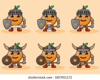 Illustration vector graphic cartoon character of cute Orange knight. Cute and funny fruit set vector illustration. smile face and hand down pose set. Shield and sword.