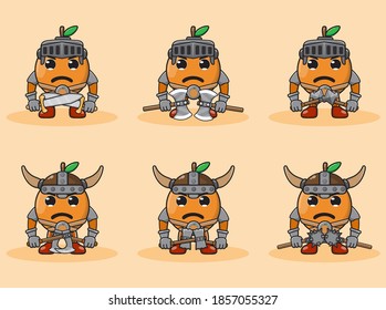 Illustration vector graphic cartoon character of Orange fruit knight and viking with dual weapon set . Hand down pose set. Cute and funny fruit set vector illustration