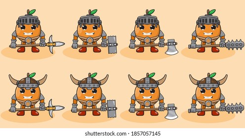 Ilustración vectorial caricatura gráfica del lindo caballero Naranja. Trato de frutas muy divertido. Armas de dos manos y un juego de posadas.