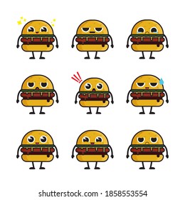 Ilustración vectorial caricatura gráfica personaje de una linda mascota de hamburguesas con emoticono. perfecto para los restaurantes de comida rápida, etc. 