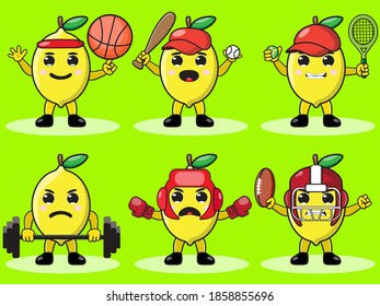 Illustration vector graphic cartoon character of cute Lemon doing sport set. Cute and funny fruit emotion set. Basket, boxing, tennis, baseball,weightlifting.