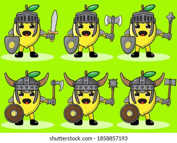 Illustration vector graphic cartoon character of cute Lemon knight. Cute and funny fruit set vector illustration. Big smile face. Shield and sword.