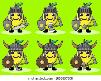 Illustration, Vektorgrafik Cartoon Charakter des süßen Lemon Ritter. Cute und lustige Obstset, Vektorgrafik. Lächeln Gesicht und Hand-Down Pose Set. Schild und Schwert.