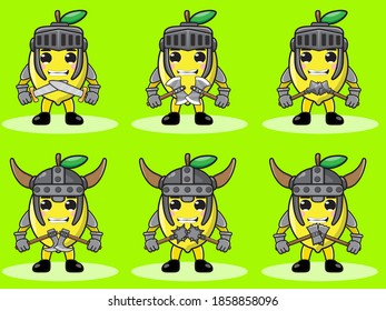 Illustration vector graphic cartoon character of Lemon fruit knight and viking with dual weapon set . Hand down pose set. Cute and funny fruit set vector illustration