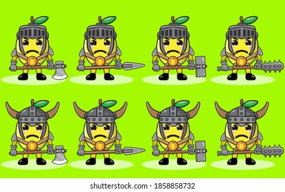 Ilustración vectorial caricatura gráfica del lindo caballero limón. Trato de frutas muy divertido. Armas de dos manos y un juego de posadas.