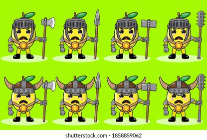 Ilustración vectorial caricatura gráfica del lindo caballero limón. Trato de frutas muy divertido. Arma de dos manos.