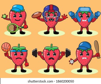Ilustración vectorial caricatura gráfica personaje de la fresa linda haciendo juego deportivo. Un conjunto de emociones de frutas divertidas. Cesta, boxeo, tenis, béisbol, levantamiento de pesas.