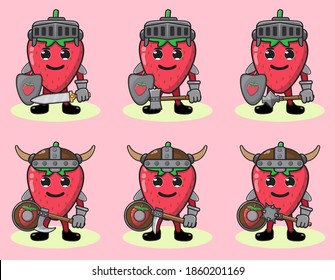 Ilustración vectorial personaje de dibujos animados de un lindo caballero de fresa. Ilustración vectorial de conjunto de frutas lindo y divertido. sonrisa cara y mano abajo pose. Escudo y espada.