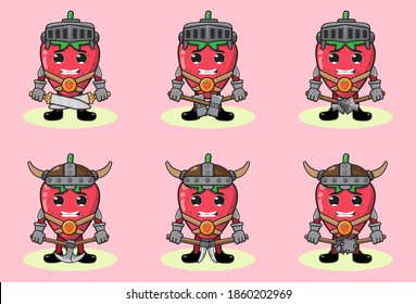 Ilustración vectorial caricatura del caballero de la fruta de fresa con conjunto de armas dobles. La pose de mano abajo. Ilustración vectorial de conjuntos de frutas cortos y divertidos