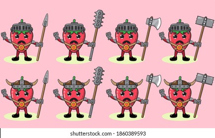 Ilustración vectorial personaje de dibujos animados de un lindo caballero de fresa. Trato de frutas muy divertido. Armas de dos manos y un juego de pose.