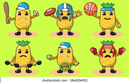 Illustration vector graphic cartoon character of cute Pineapple  doing sport set. Cute and funny fruit emotion set. Basket, boxing, tennis, baseball,weightlifting.