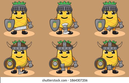 Ilustración vectorial caricatura gráfica del lindo caballero Pineapple. Ilustración vectorial de conjunto de frutas lindo y divertido. sonrisa cara y mano abajo pose. Escudo y espada.