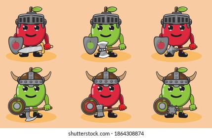 Illustration, Vektorgrafik Cartoon Charakter von süßem Apple Ritter. Cute und lustige Obstset, Vektorgrafik. Lächeln Gesicht und Hand-Down Pose Set. Schild und Schwert.